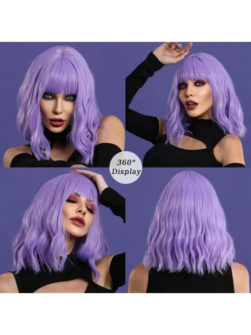 Women's Purple 14 Inch Heat Resistant Short Bangs Bob Modern Wavy Wigs